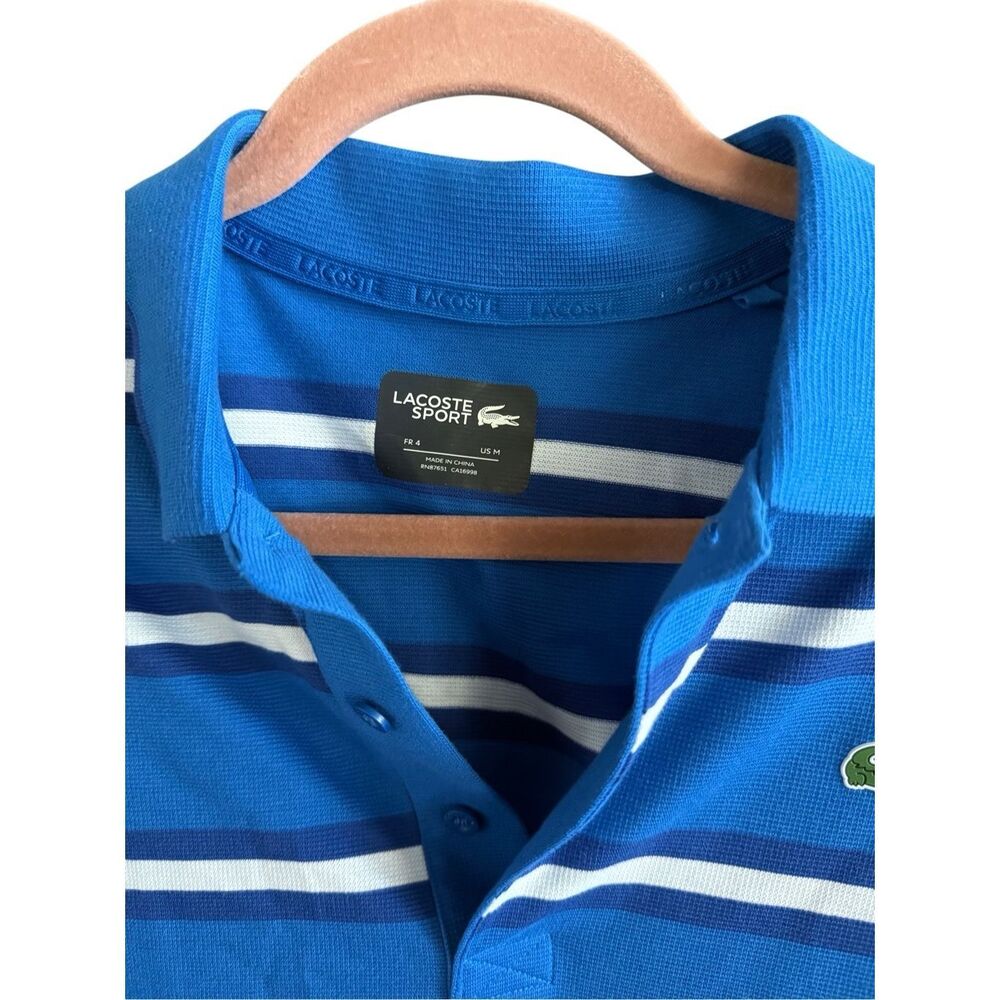Lacoste Sport Mens Blue White Striped Short Sleeve Collared Polo Shirt Sz Medium - Picture 5 of 10